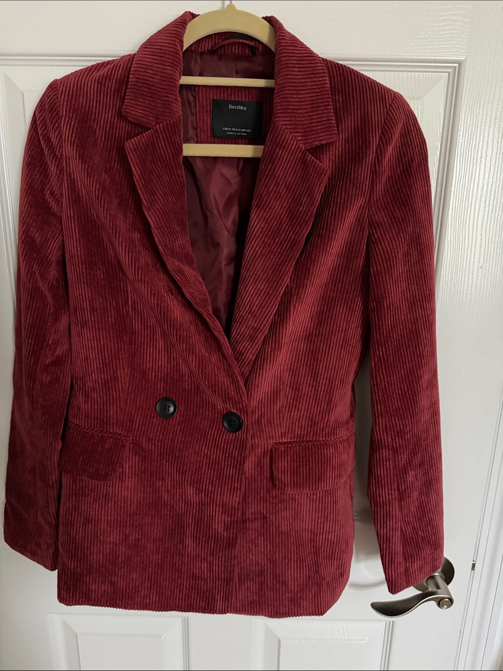 Bershka Women's Burgundy Corduroy Double-Breasted Blazer